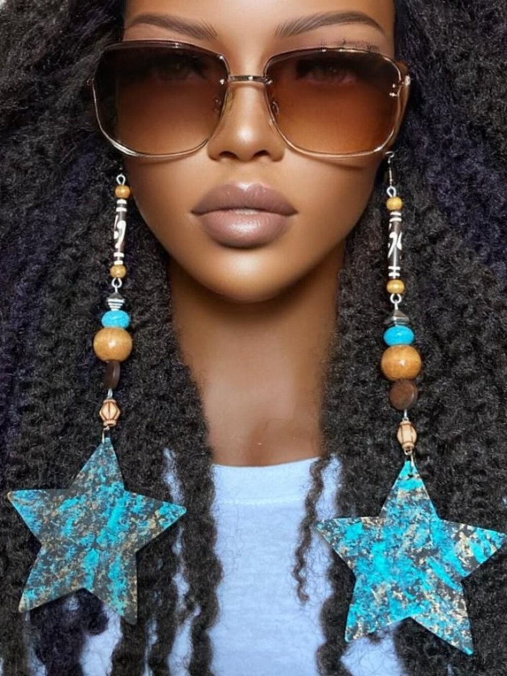Elongated Dangle Earrings Wooden Stars Aqua Multi by Razonda Lee